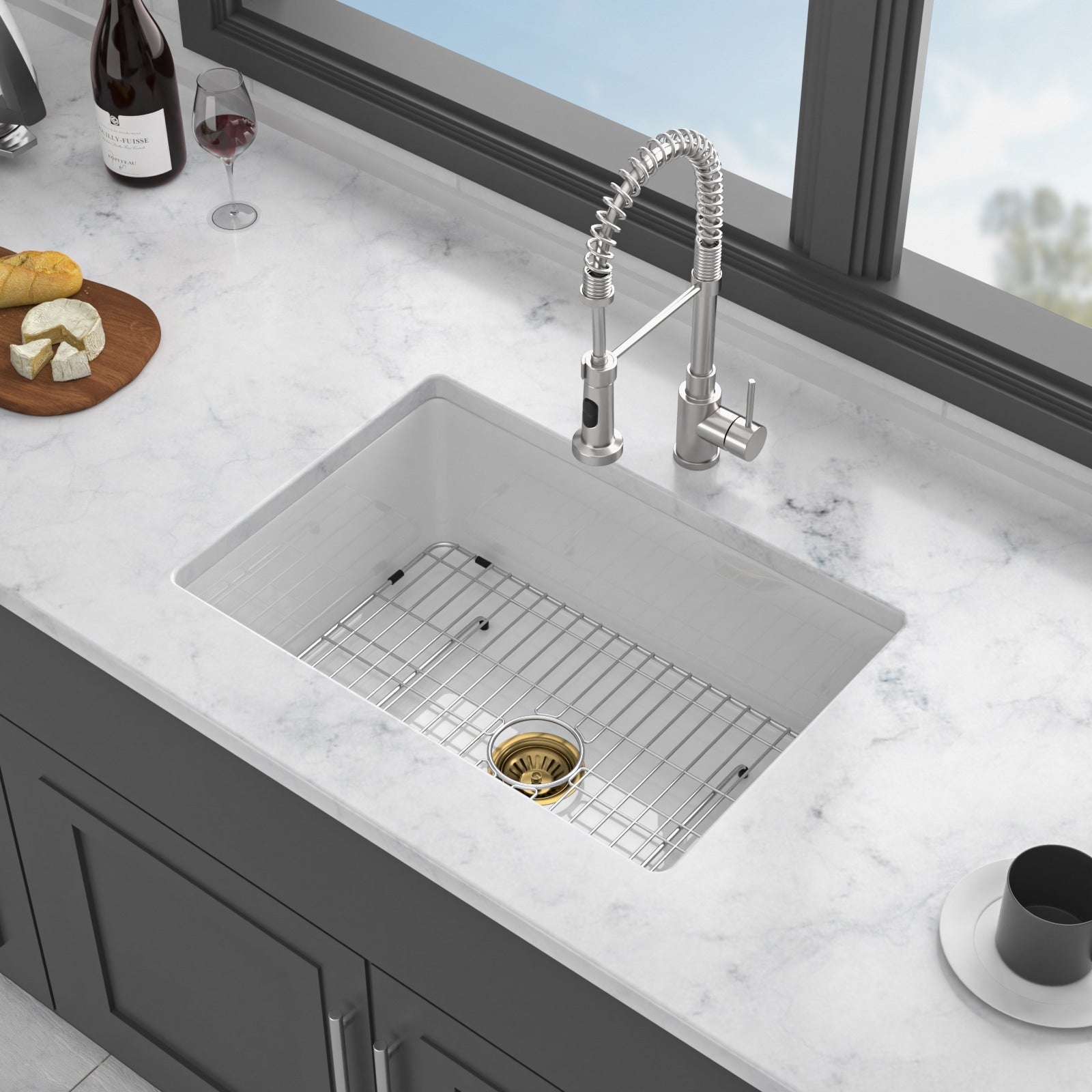 27X19X10 Undermount Single Bowl Fireclay Kitchen Sink Dual Mount White Porcelain Rectangular Deep Single Bowl Sink Basin