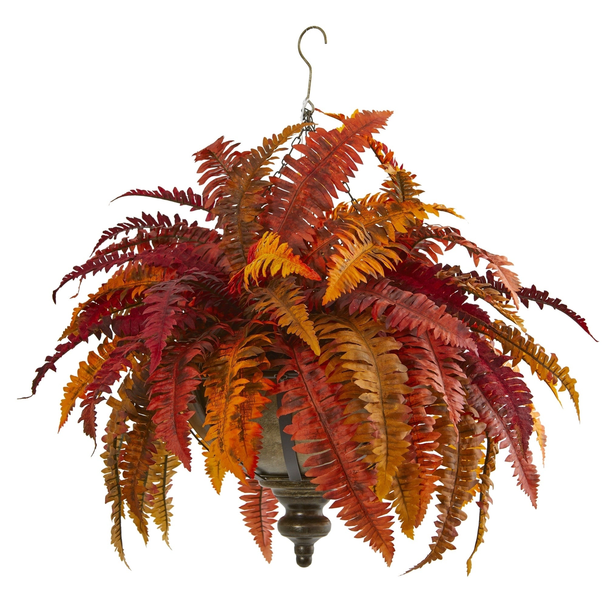 28 Autumn Boston Fern Artificial Plant In Hanging Metal Bowl