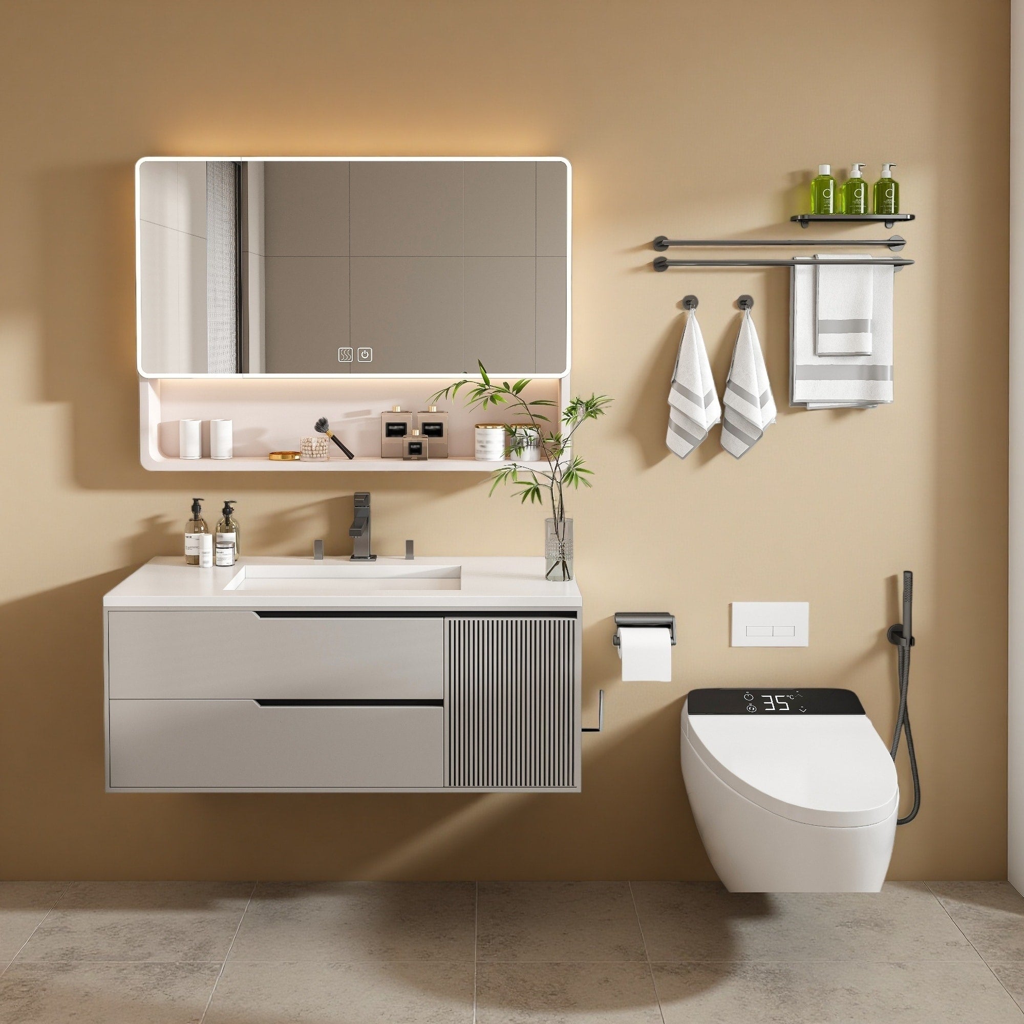 28 Inches Aluminium Medicine Cabinet Mirror With 3 Color Led Light Defogging Function Cosmetic Storage Rack Hair Dryer Holder
