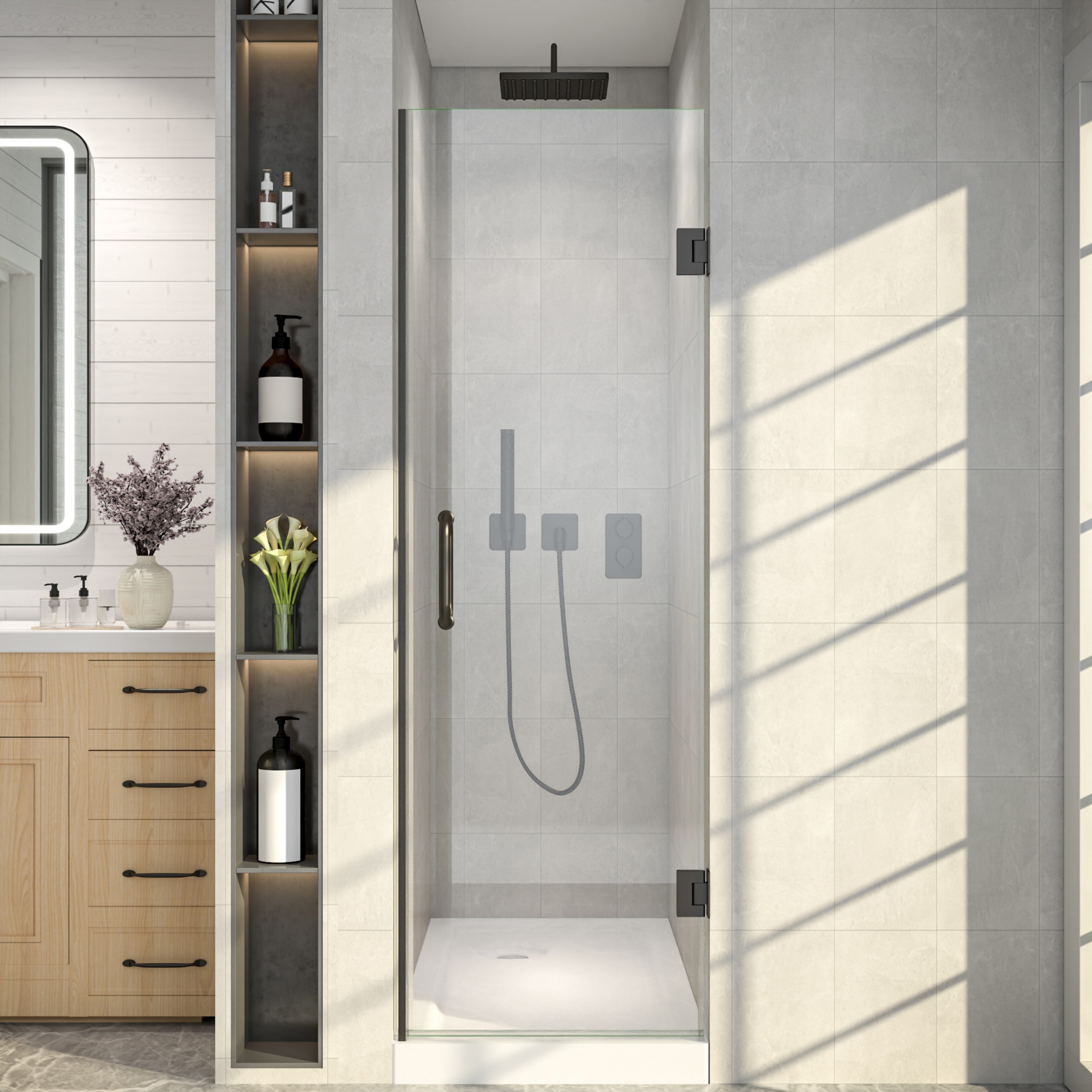28 In. W X 72 In. H Frameless Hinged Shower Door With 3 8 Clear Tempered Glass And Stainless Steel Handle In Matte Black