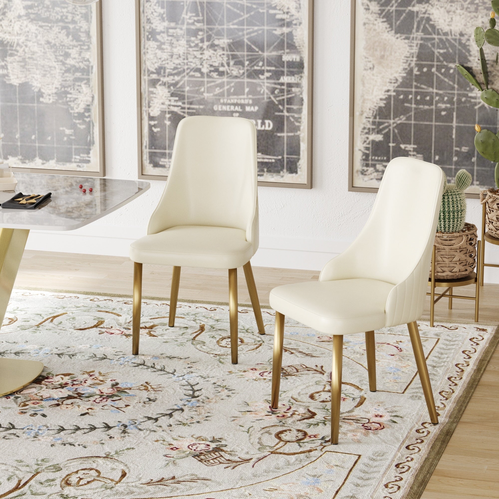 Set Of 2 Modern Beige Pu Leather Upholstered Dining Chair Desk Chair Furniture With Sturdy Metal Legs