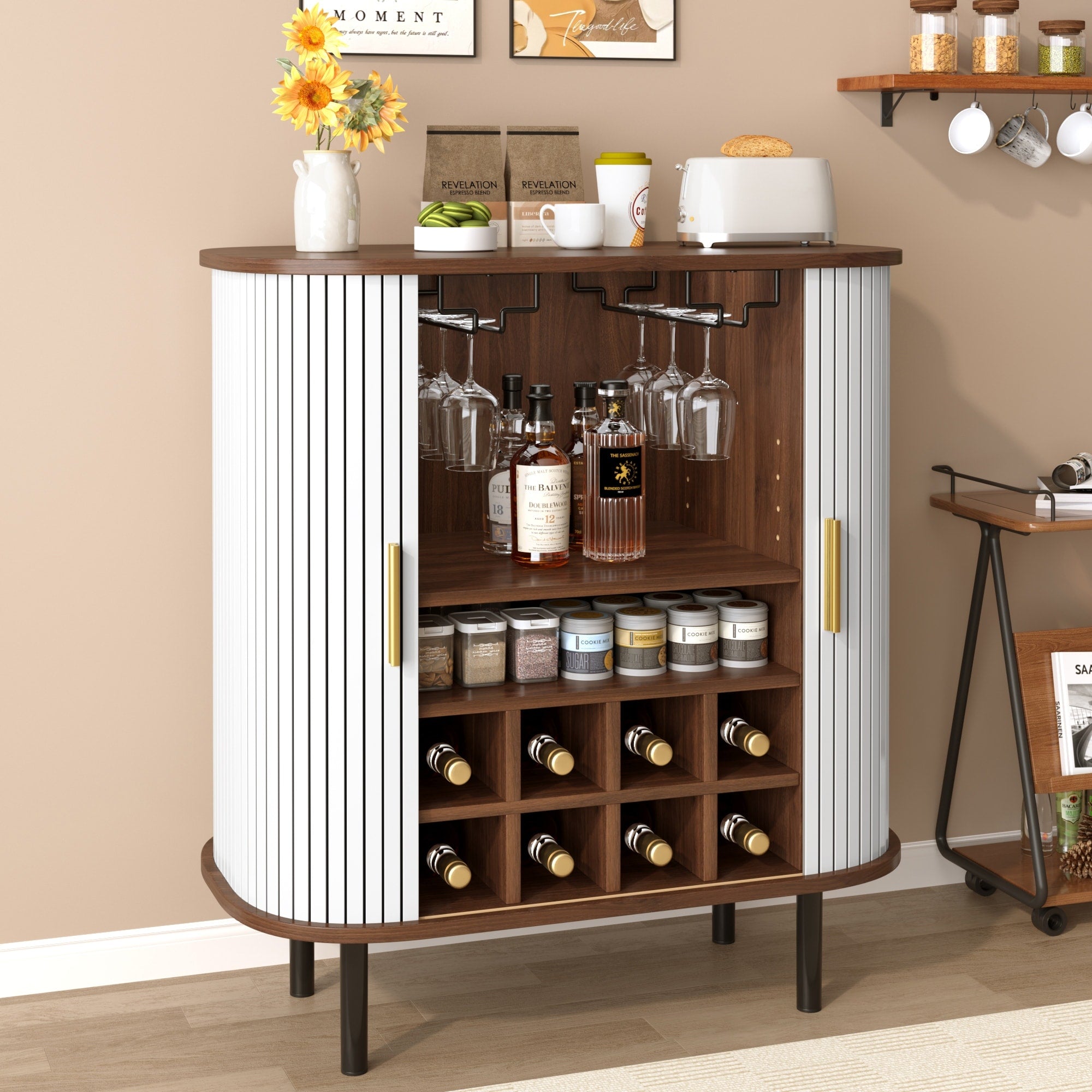 28 Fluted Bar Cabinet With 8 Grid Wine Rack And 5 Level Adjustable Shelves Modern Liquor Coffee Station With 2 Glass Holders