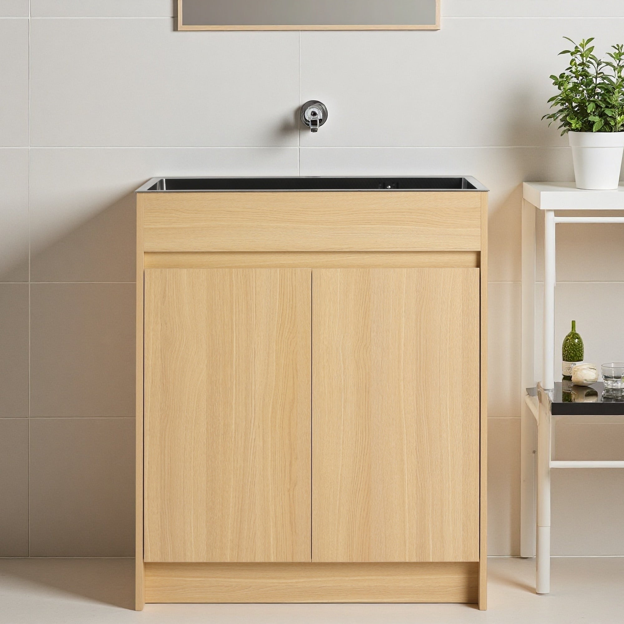 28 Plywood Water Resistant Freestanding Utility Vanity With Stainless Steel Sink Soft Close Doors And Flexible Drain Pipe