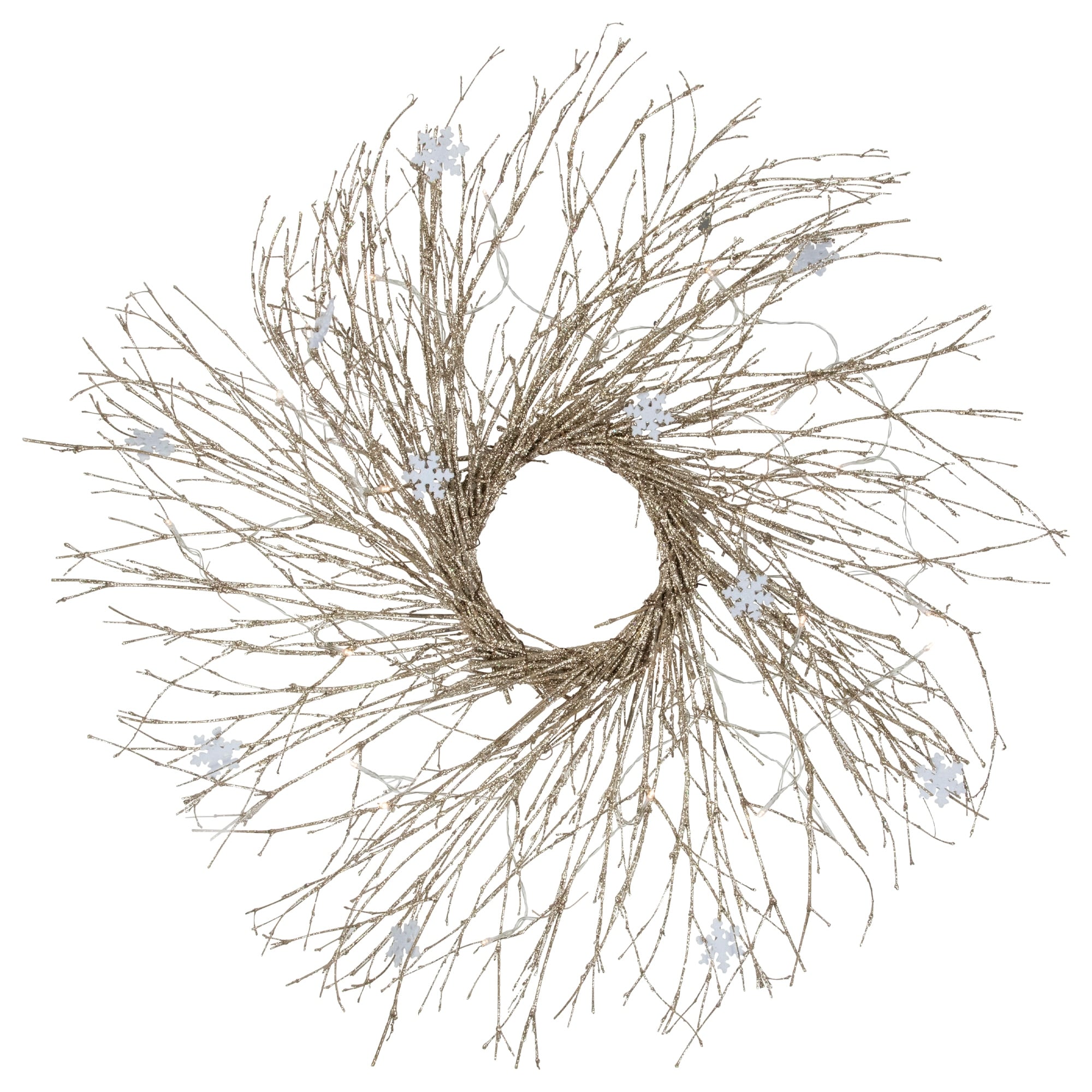 42 Pre Lit Champagne Gold Glittered Artificial Twig Christmas Wreath Warm White Led Lights