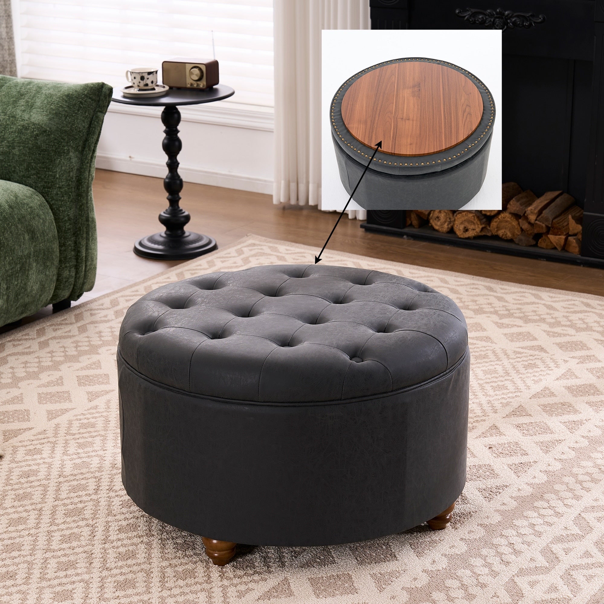 28 Round Storage Ottoman With Tray Tufted Circle Storage Coffee Table Large Foot Stool With Removable Top For Living Room