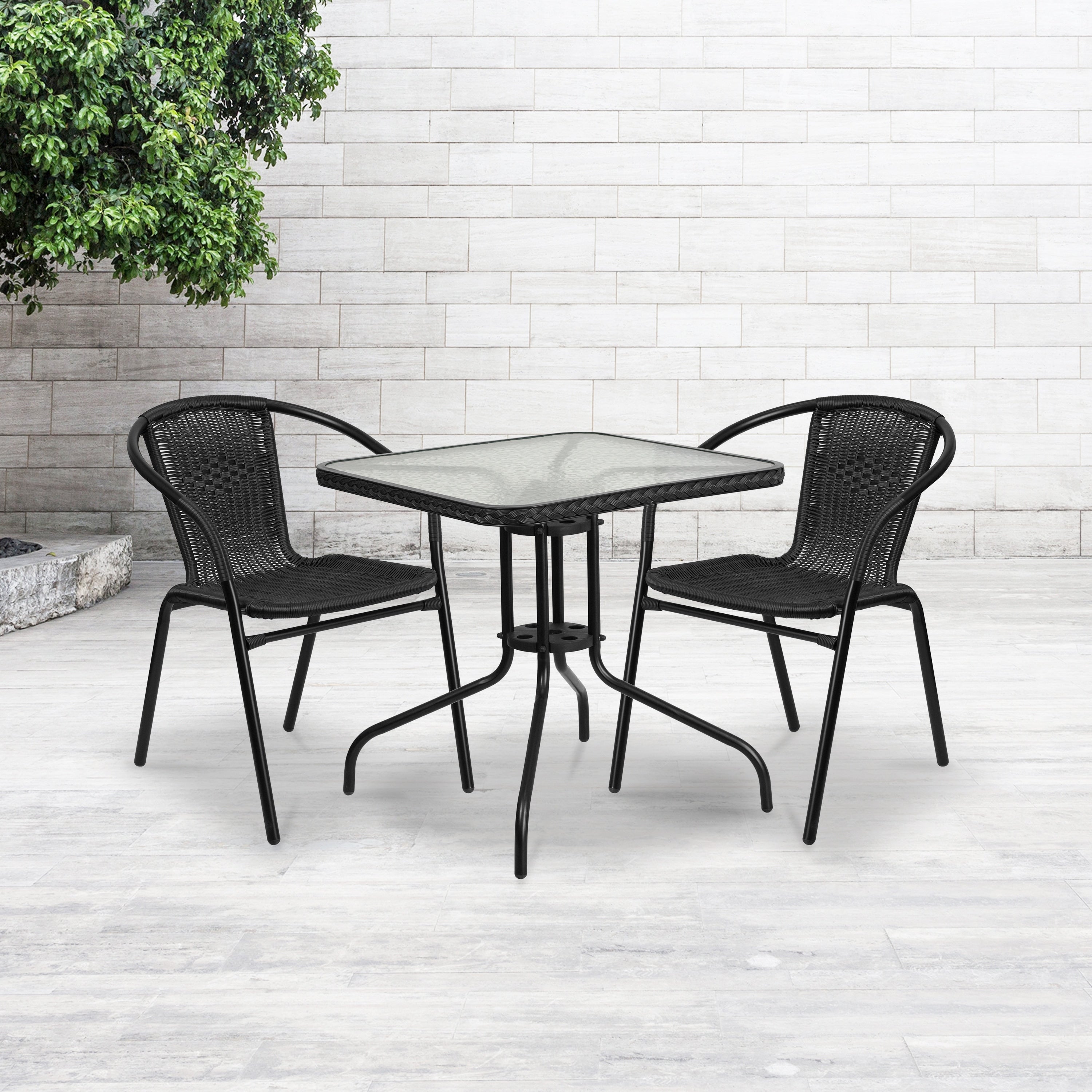 28 Inch Square Tempered Glass Metal Table With Rattan Edging