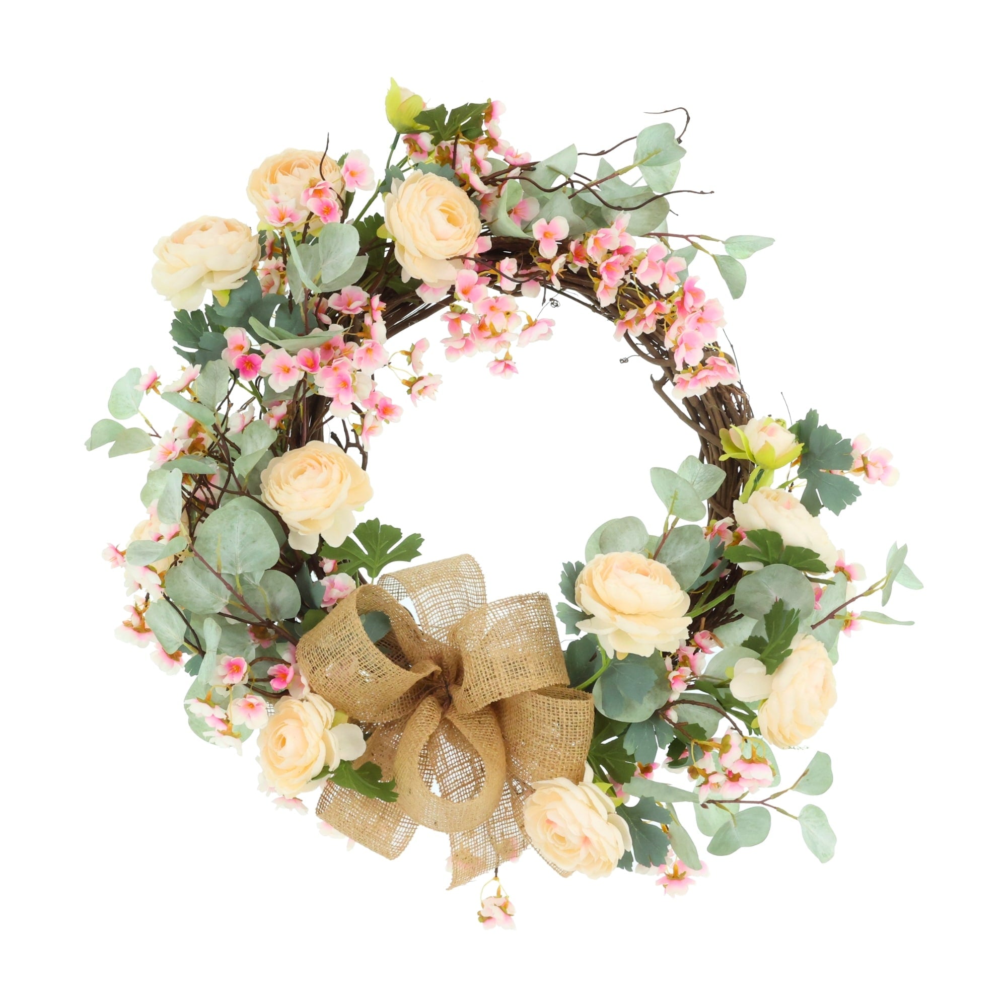 28 Wreath With Ranunculus Babys Breath And Eucalyptus