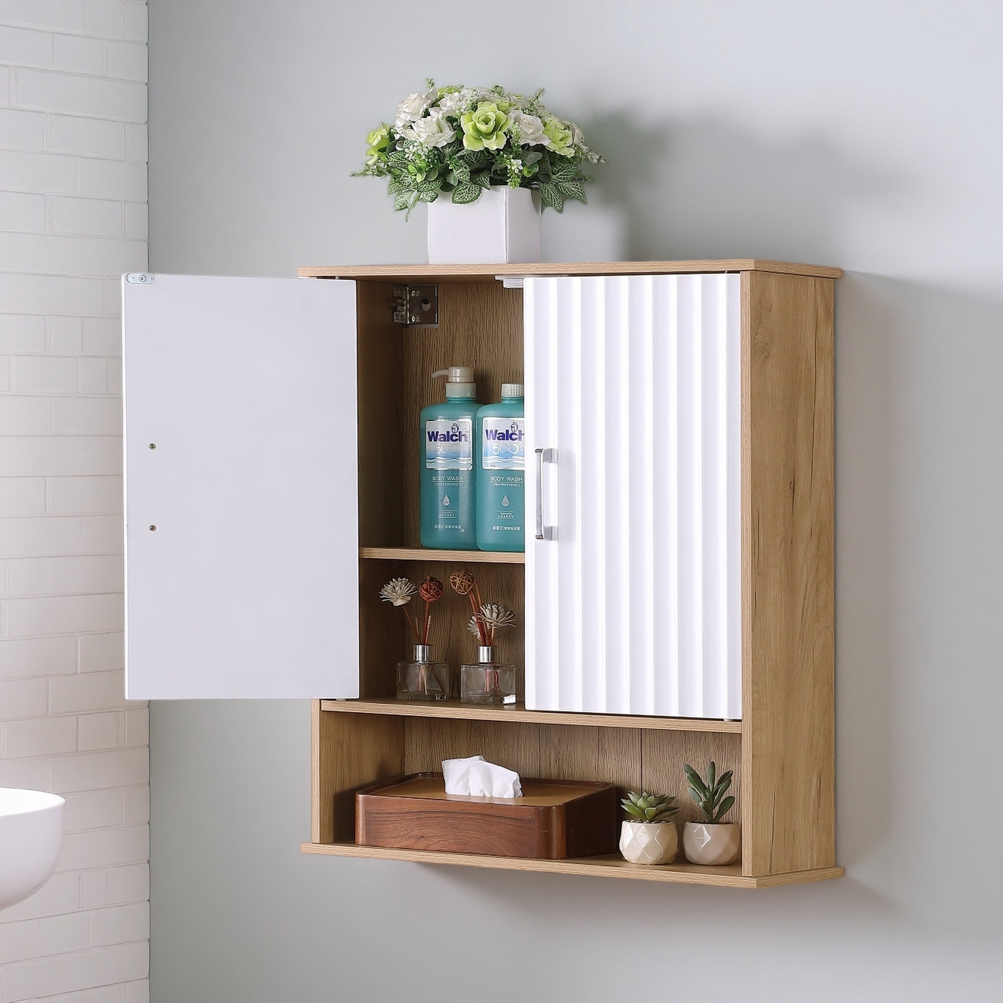28 H Bathroom Wall Cabinet With Double Door Bottom Shelf Wavy Patterned Doors Adjustable Inner Shelf Easy Installation