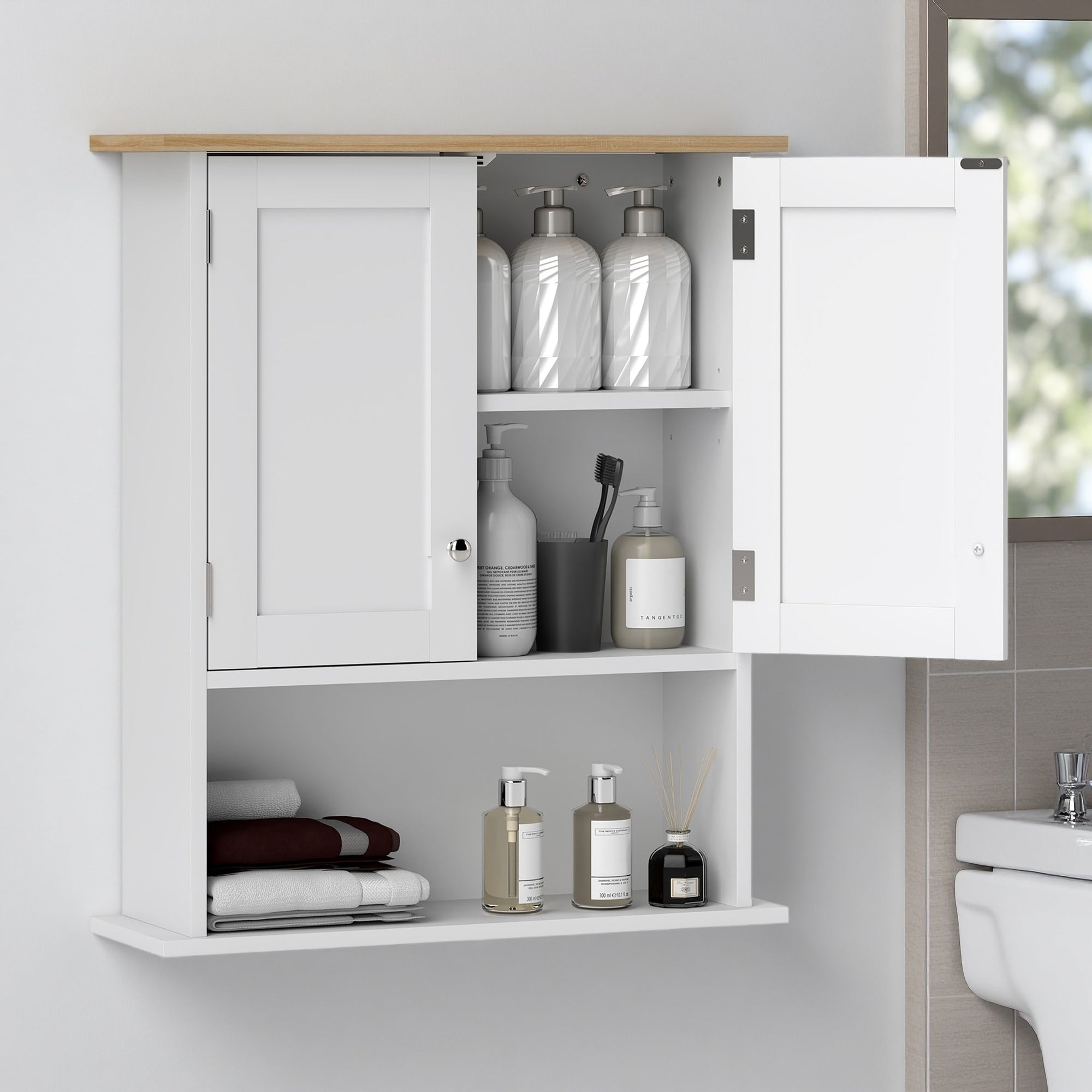 28 H Bathroom Wall Cabinet Modern Wall Mounted Medicine Cabinet With 2 Doors Adjustable Shelf Over The Toilet Storage