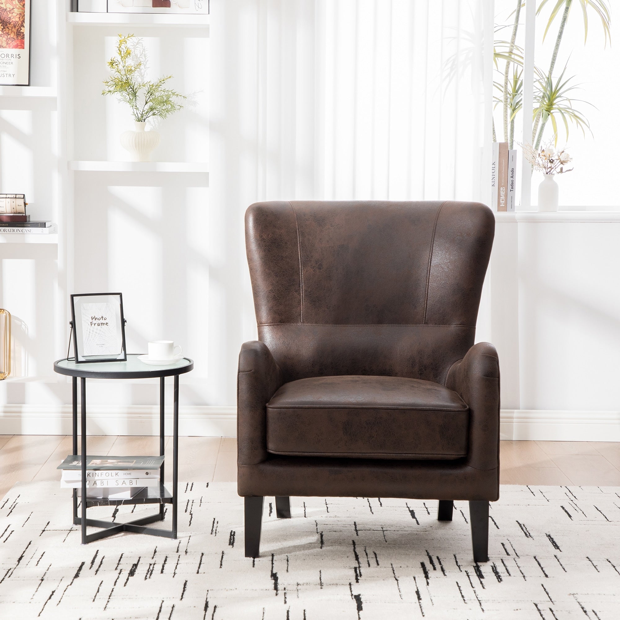 28 W Pu High Back Upholstered Accent Chair Retro Wingback Arm Chair Single Sofa Bedroom Reading Seat With Solid Wood Legs