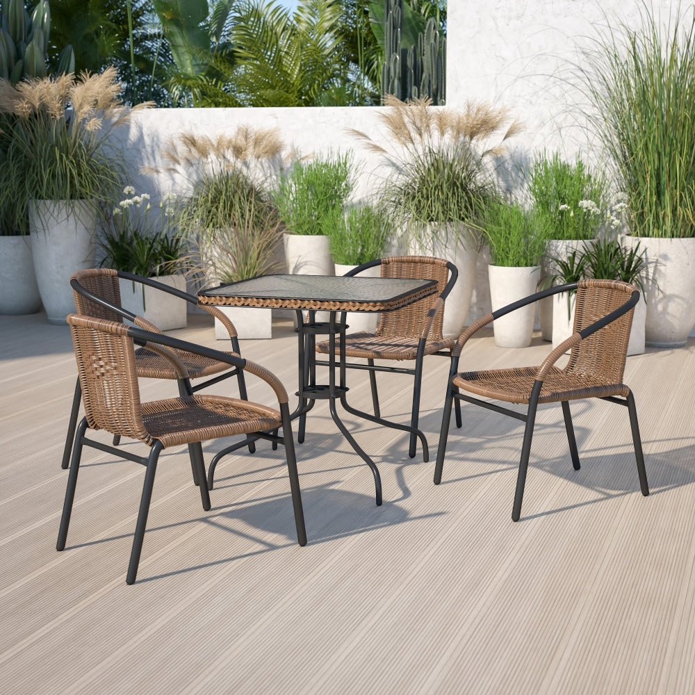 28 Square Tempered Glass Metal Table With Dark Brown Rattan Edging 28 W X 28 D X 28 H