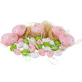 Set Of 29 Pastel Pink Green And White Painted Floral Spring Easter Egg Ornaments 3.25