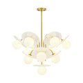 29.1 W 10 Light Mid Century Chandelier With Cloud Glass Discs And Opal Globes In Brushed Gold