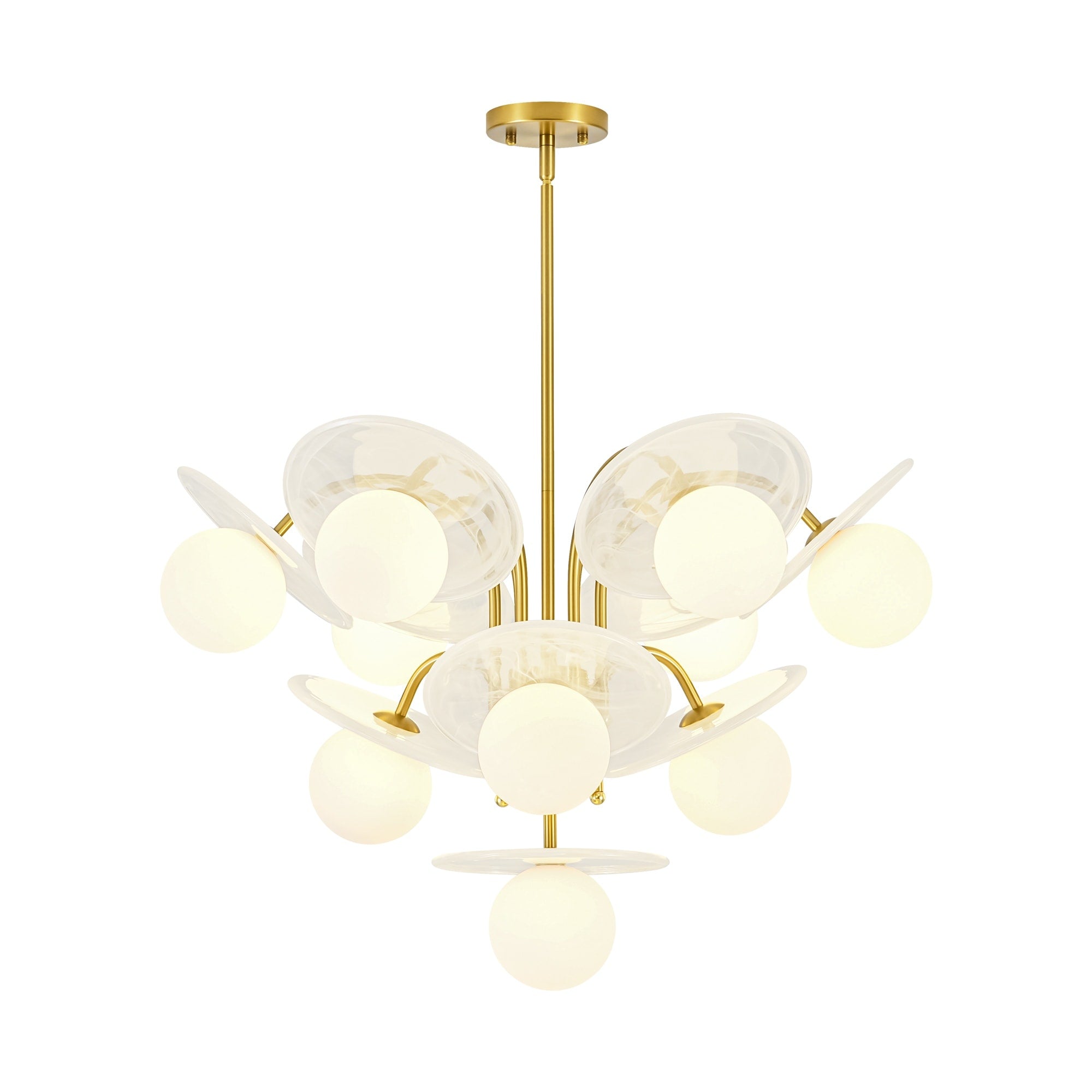 29.1 W 10 Light Mid Century Chandelier With Cloud Glass Discs And Opal Globes In Brushed Gold
