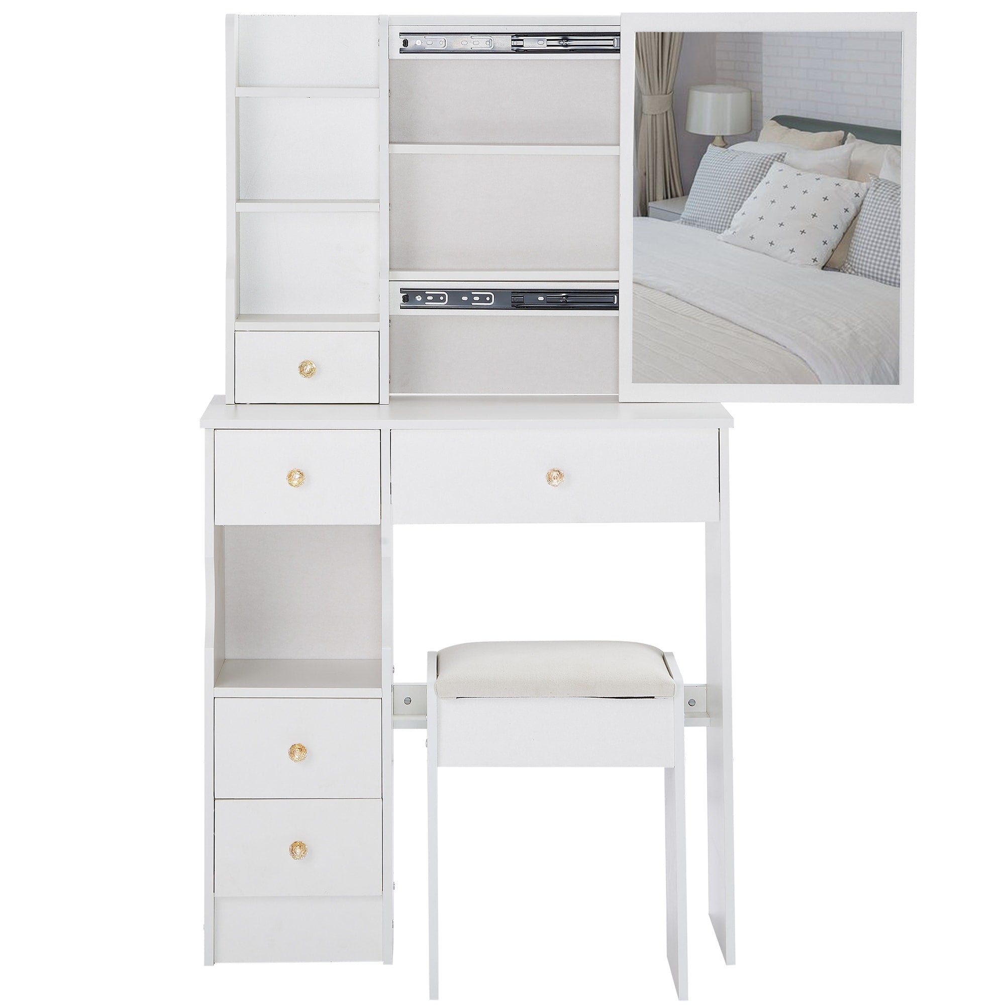 29.2 Small Space Left Drawer Desktop Vanity Table Cushioned Stool Extra Large Right Sliding Mirror