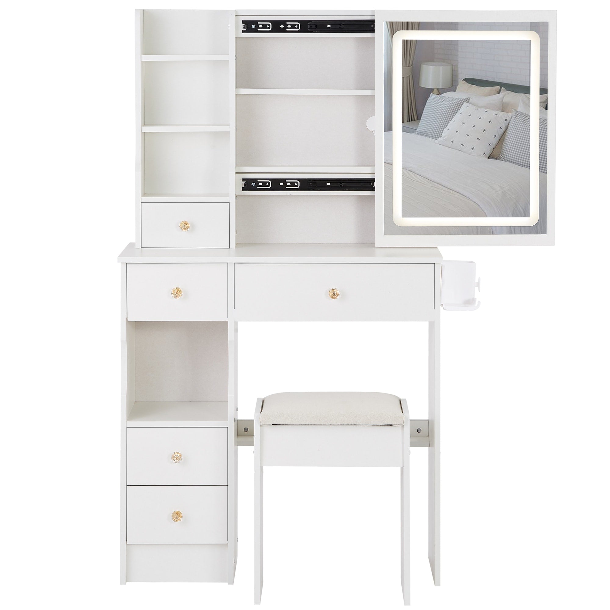 29.2 Small Size Left Drawer Desktop Vanity Table Cushioned Stool Hair Dryer Bracket Extra Large Touch Control Sliding Led Mirror