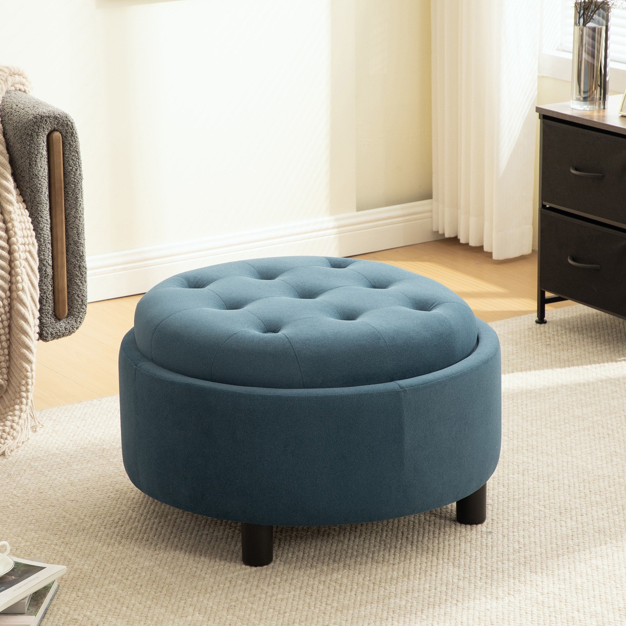 29.33W Modern Upholstered Round Ottoman With Storage Space Wood Material