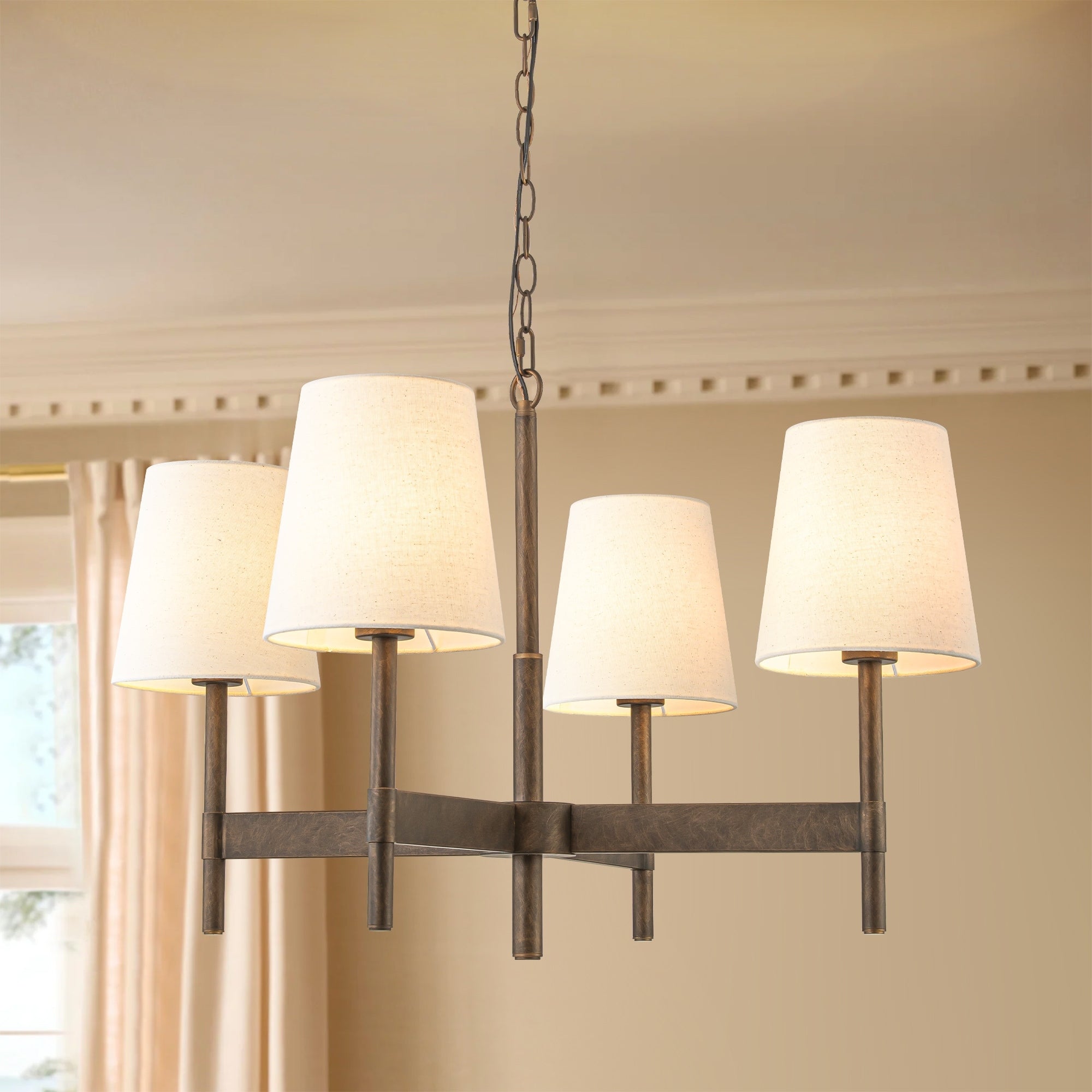 29.5 In. Modern Classic Distressed Antique Brass 4 Light Chandelier With Light Brown Linen Cone Shade For Living Dining Room