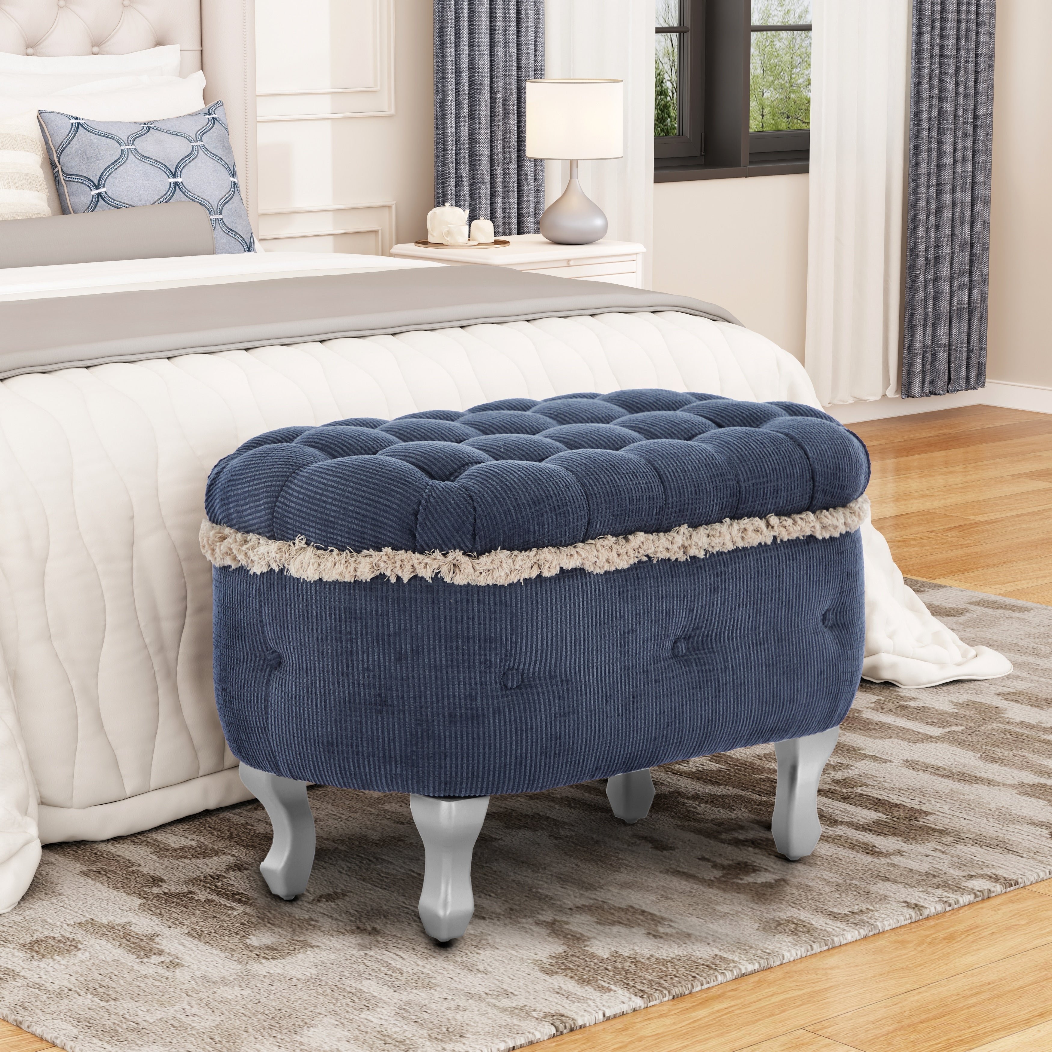 29.5 Blue Button Tufted Storage Ottoman Bench Fringe Window Bench For Bedroom Cloakroom