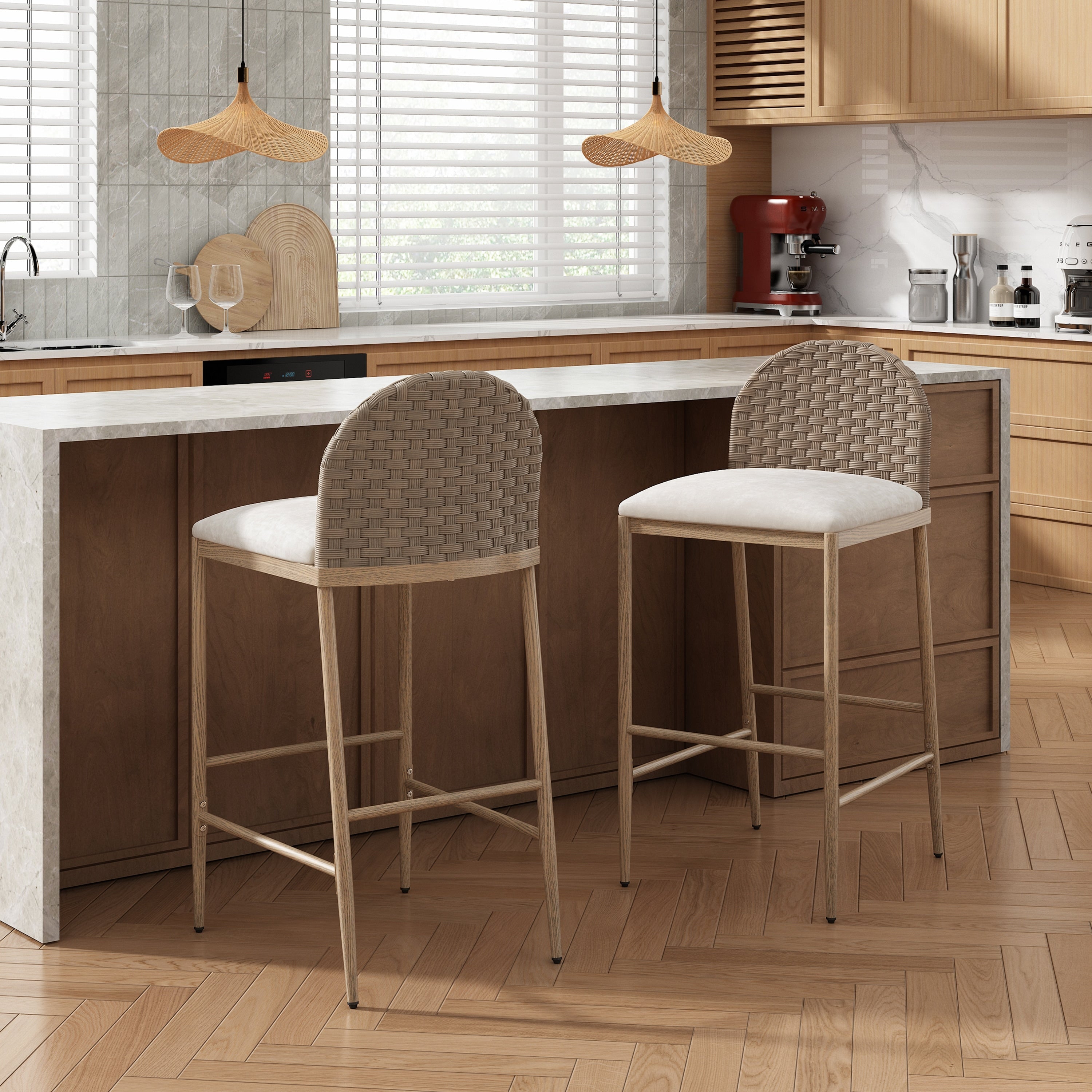 29.5 Farmhouse Barstools Set Of 2 Upholstered Armless Iron Counter Stools With Rattan Backrest For Kitchen Dining