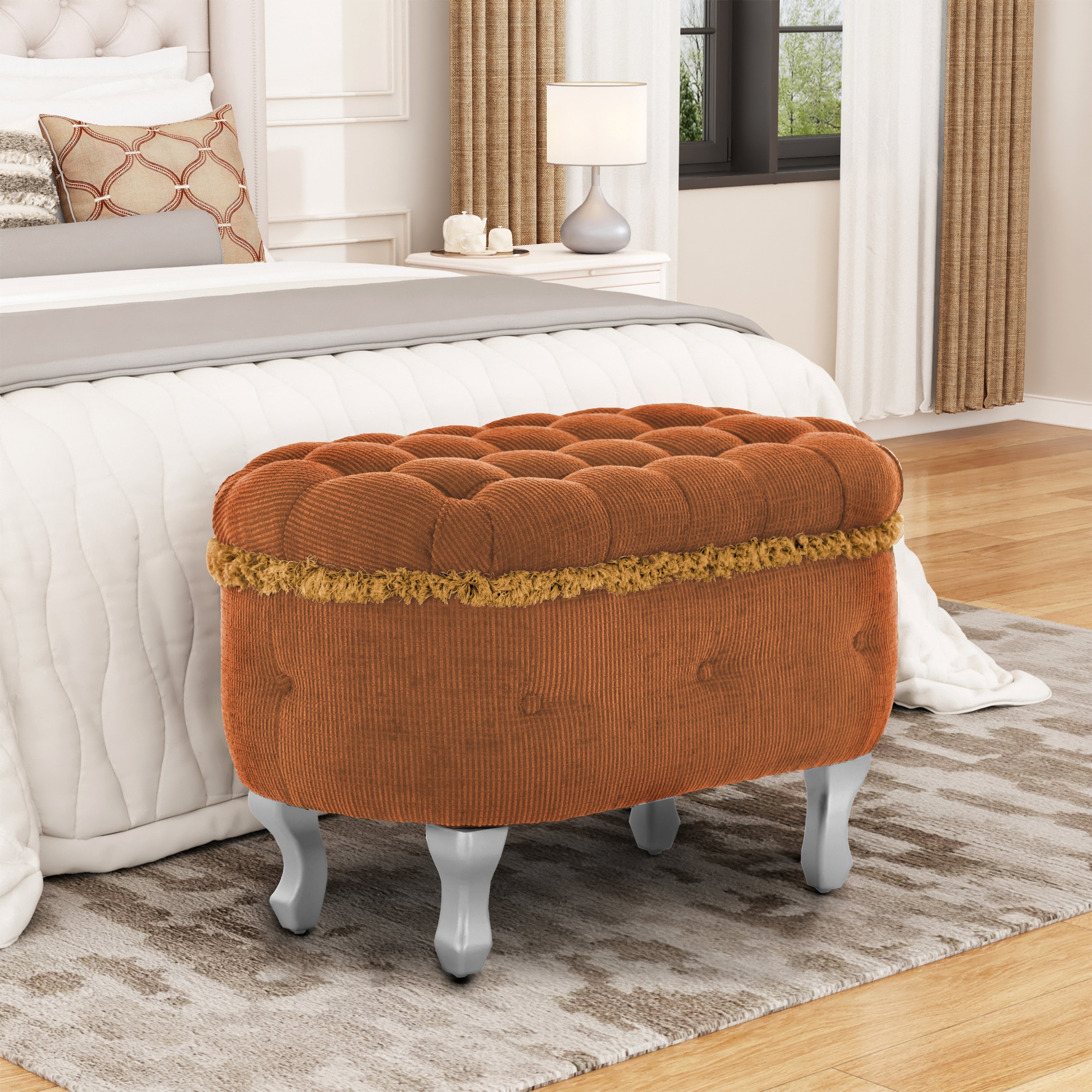 29.5 Orange Button Tufted Storage Ottoman Bench Fringe Window Bench For Entryway Bedroom