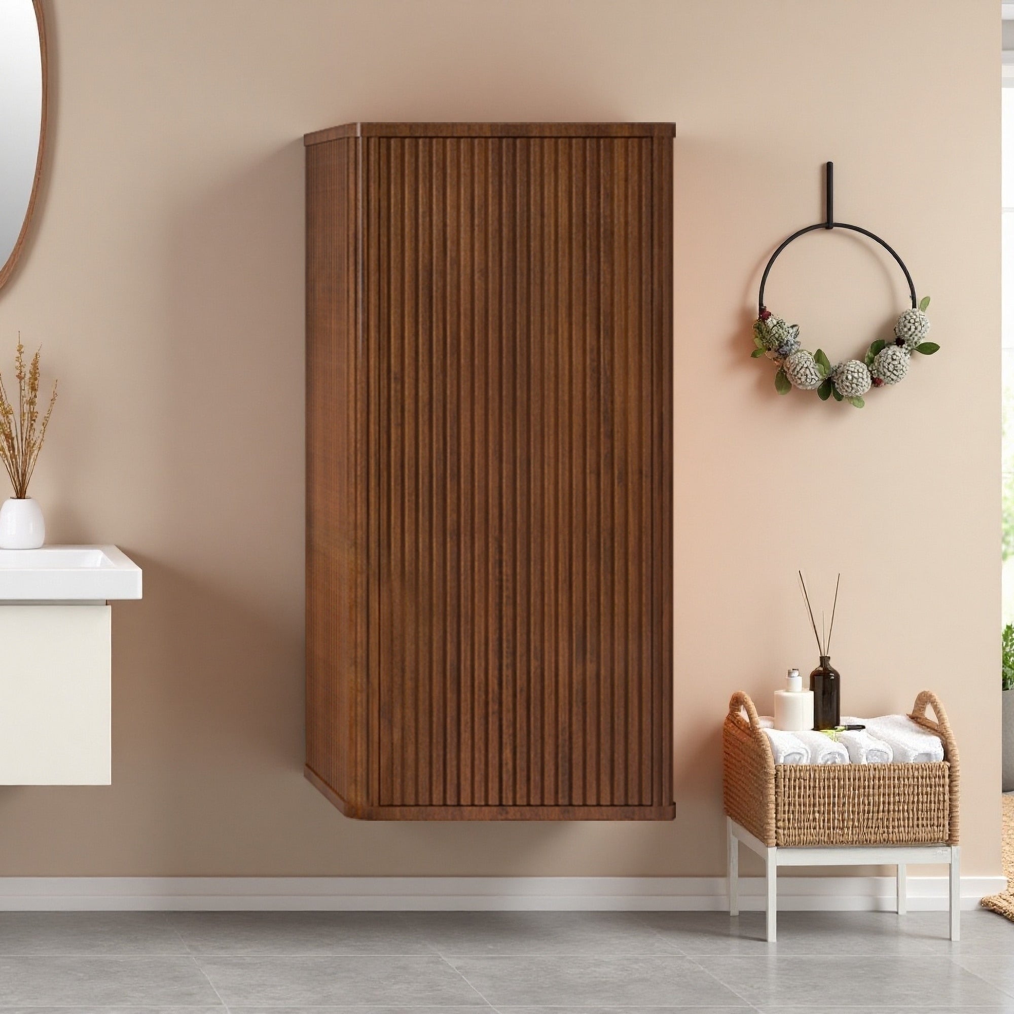 29.5 H Striped Brushed Black Oak Floating Side Cabinet Wall Mounted Storage Push Open Door Pre Assembled Chic Safe Design