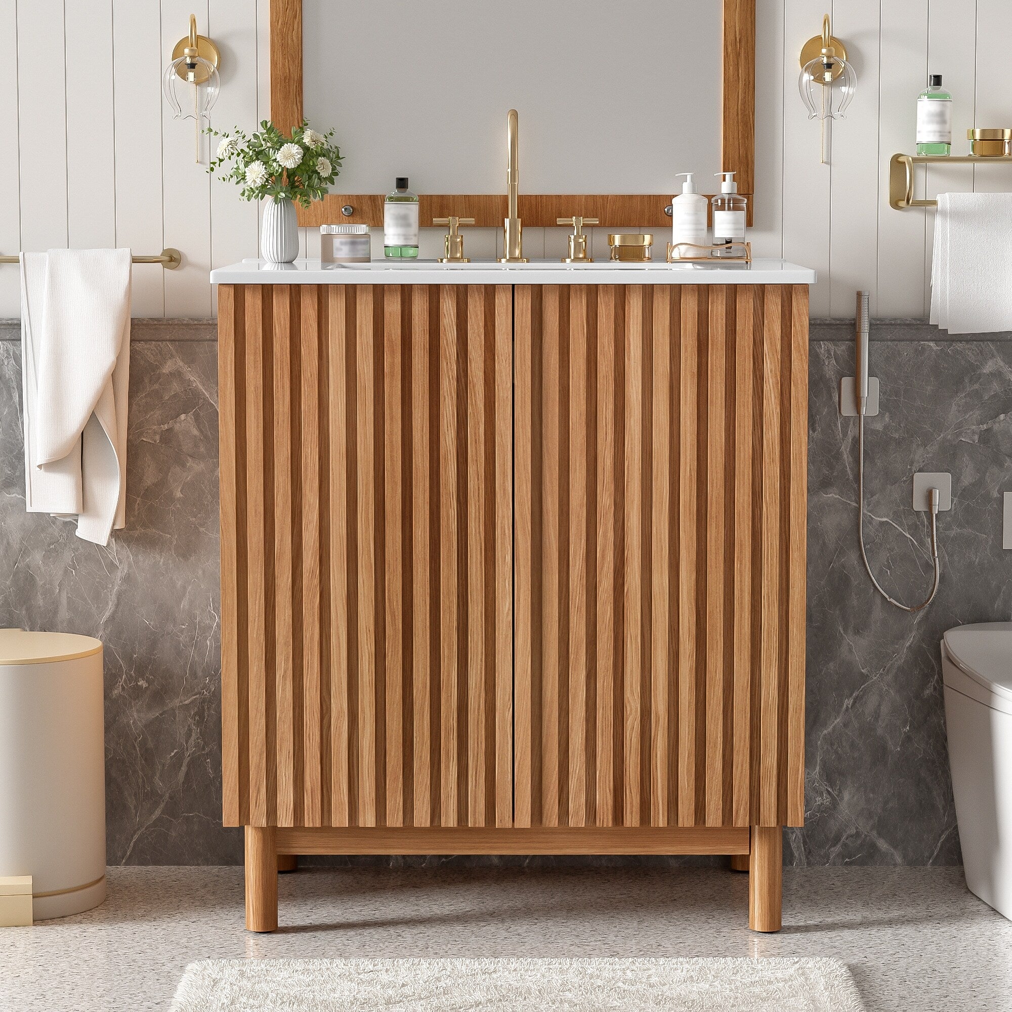 29.9 Inch Traditional Bathroom Vanity With Ceramic Sink Solid Wood Legs Mdf U Shaped Adjustable Shelf Soft Close Doors