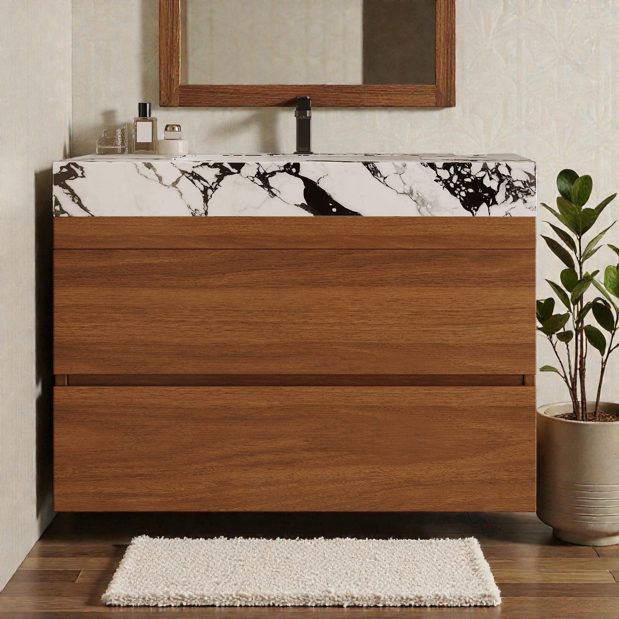 29.9 Floating Bathroom Vanity With Faux Marble Top Ceramic Undermount Sink Soft Close Drawers For Modern Small Bathrooms