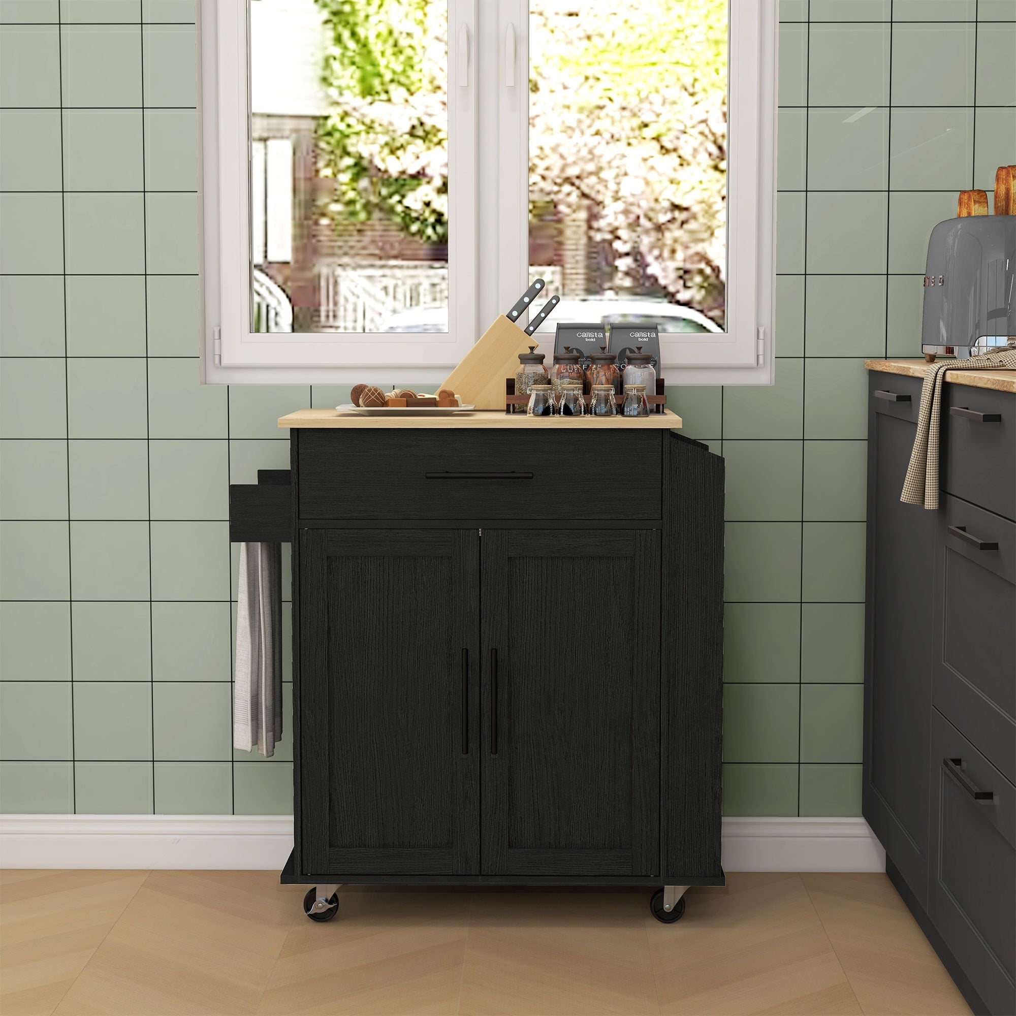 29 Rolling Kitchen Island With Charging Station Spice Rack Black Mobile Kitchen Island With Storage Cabinet