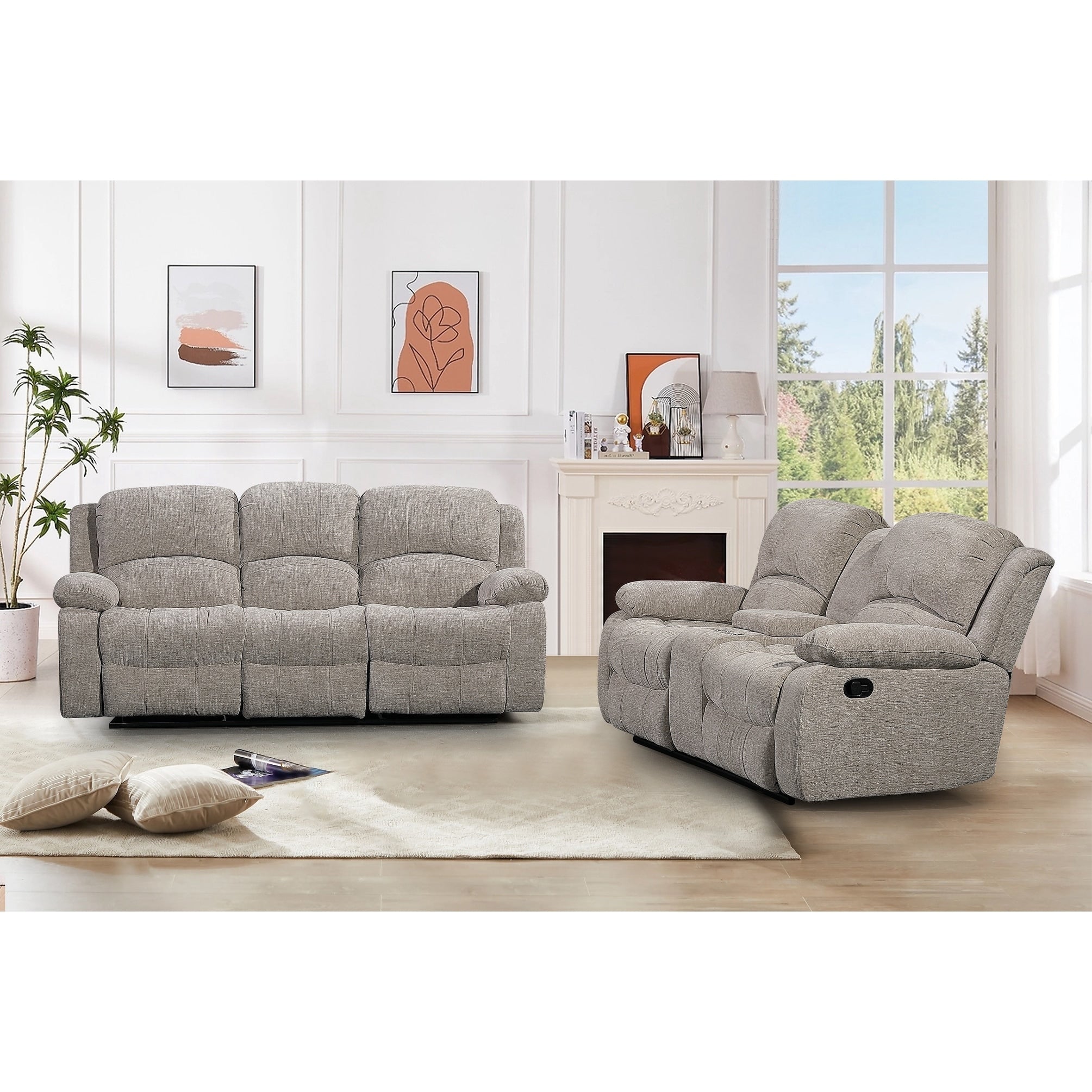 2Pc Soft Microfiber Manual Reclining Sofa Set Drop Down Table Cupholder Console Living Room Set