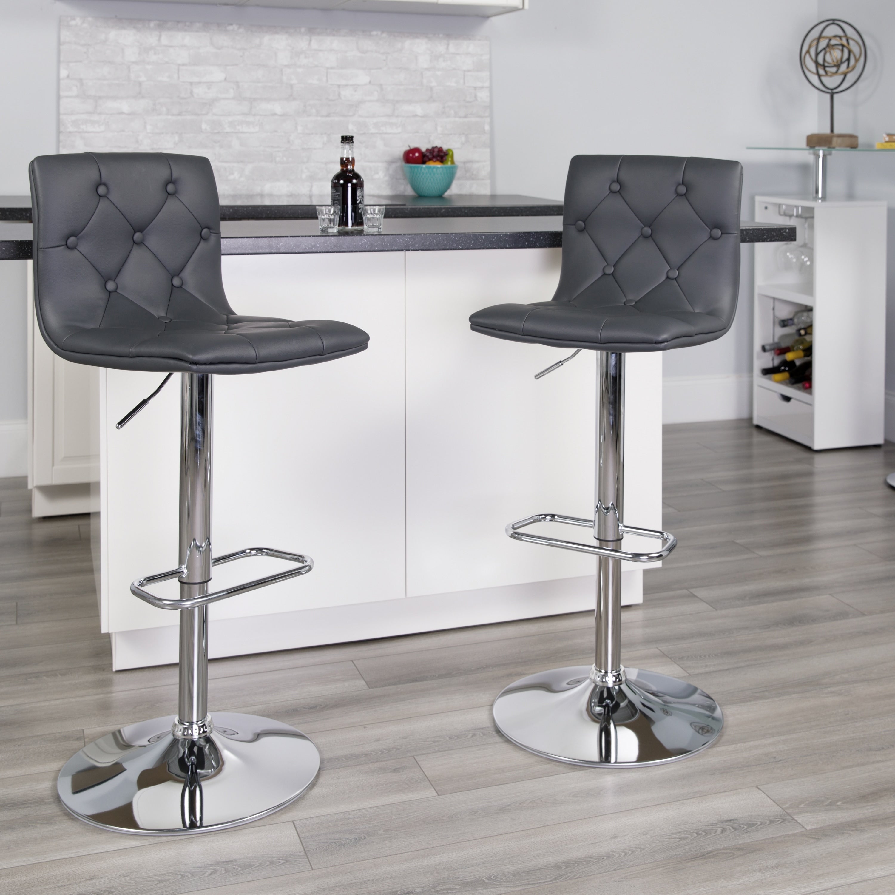 2 Pk. Contemporary Tufted Vinyl Adjustable Height Barstool With Chrome Base