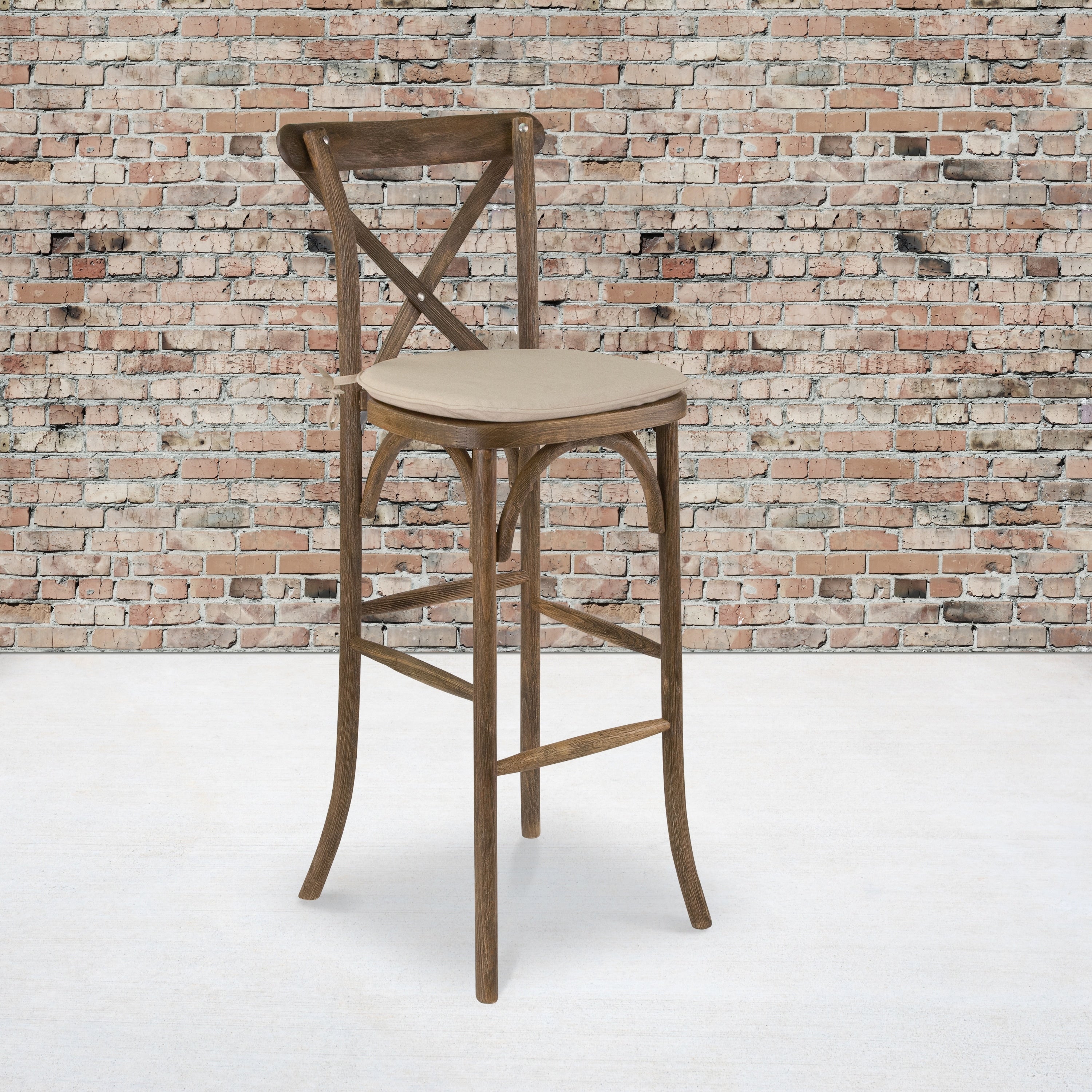 2Pk 350Lb. Rated Dark Antique Wood Cross Back Stackable Barstool With Cushion