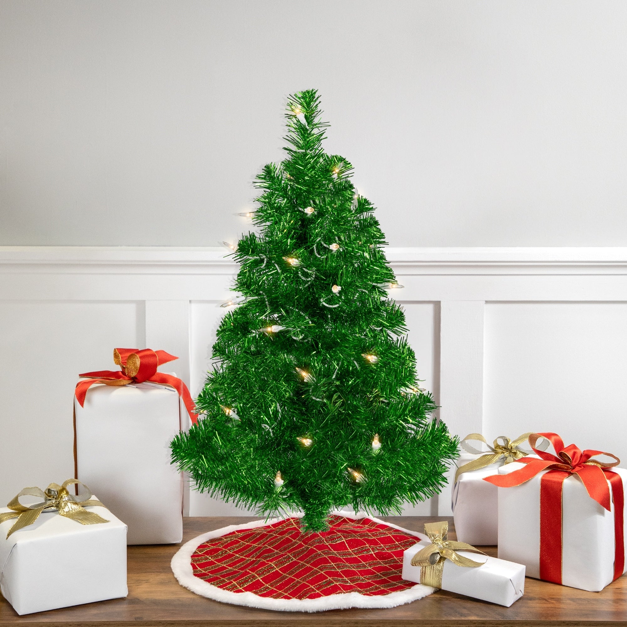 2 Pre Lit Pardise Lime Green Tinsel Pine Artificial Christmas Tree Clear Lights
