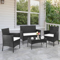 2Pcs Arm Chairs 1Pc Love Seat Tempered Glass Coffee Table Rattan Sofa Set Black