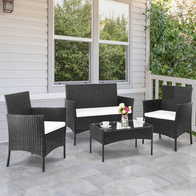 2Pcs Arm Chairs 1Pc Love Seat Tempered Glass Coffee Table Rattan Sofa Set Black