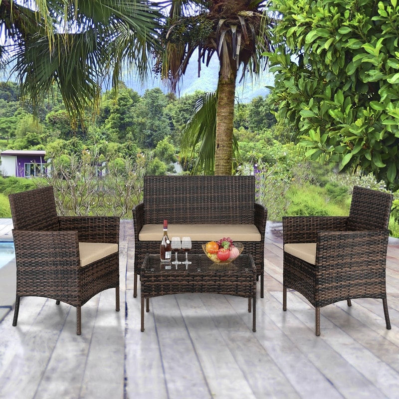 2Pcs Arm Chairs 1Pc Love Seat Tempered Glass Coffee Table Rattan Sofa Set Brown Gradient