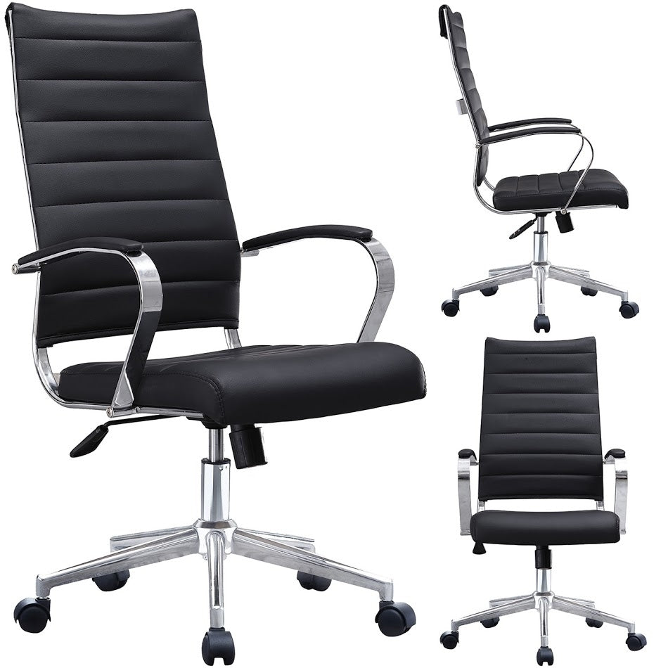 2Xhome Modern Black High Back Office Chair Ribbed Pu Leather Swivel Tilt Conference Room Computer Desk Cushion Seat Boss