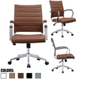 2Xhome Brown Designer Office Chairs Mid Back Ribbed Pu Leather Brown Boss Manager Conference Room Tilt Task Desk Work Wheels
