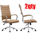 2Xhome Set Of Two 2 Modern Tan High Back Office Chair Ribbed Pu Leather Swivel Tilt Computer Desk Cushion Seat Boss