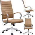 2Xhome Modern Tan High Back Office Chair Ribbed Pu Leather Swivel Tilt Conference Room Computer Desk Cushion Seat Boss