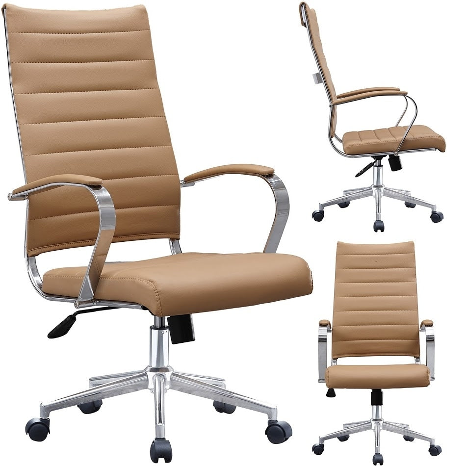 2Xhome Modern Tan High Back Office Chair Ribbed Pu Leather Swivel Tilt Conference Room Computer Desk Cushion Seat Boss