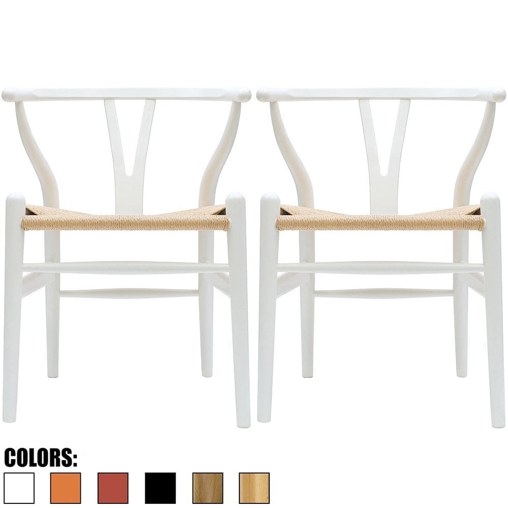 2Xhome Set Of 2 White Modern Wood Dining Chair With Y Back Arm Armchair Hemp Seat For Home Restaurant Office