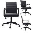 2Xhome Black Office Chairs Mid Back Ribbed Pu Leather Black Executive Task Work Conference With Arms Wheels Tilt Swivel Rolling
