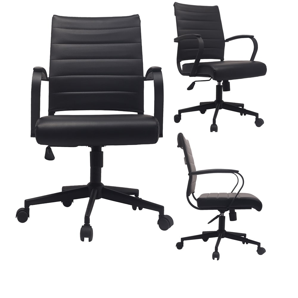 2Xhome Black Office Chairs Mid Back Ribbed Pu Leather Black Executive Task Work Conference With Arms Wheels Tilt Swivel Rolling