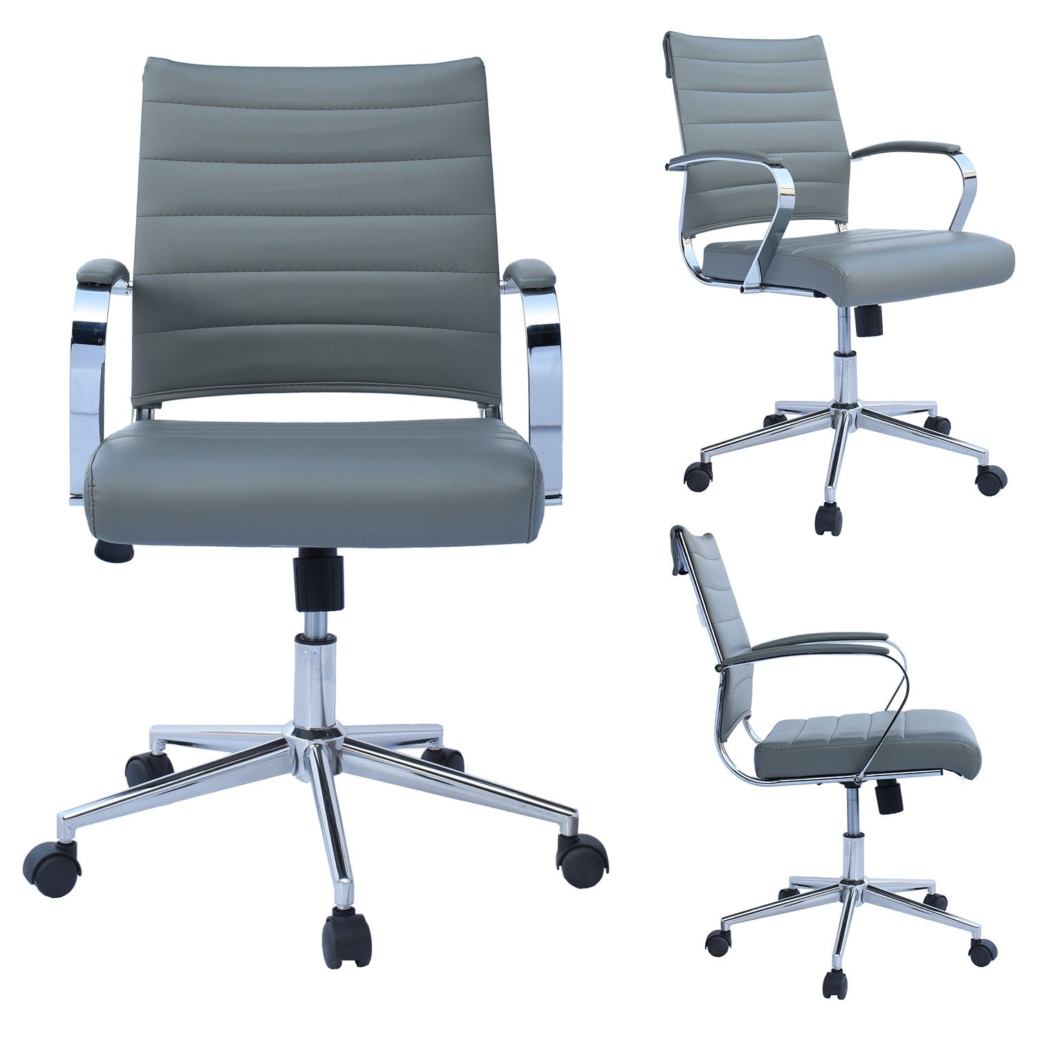 2Xhome Gray Office Chairs Mid Back Ribbed Pu Leather Black Executive Task Work Conference With Arms Wheels Tilt Swivel Rolling