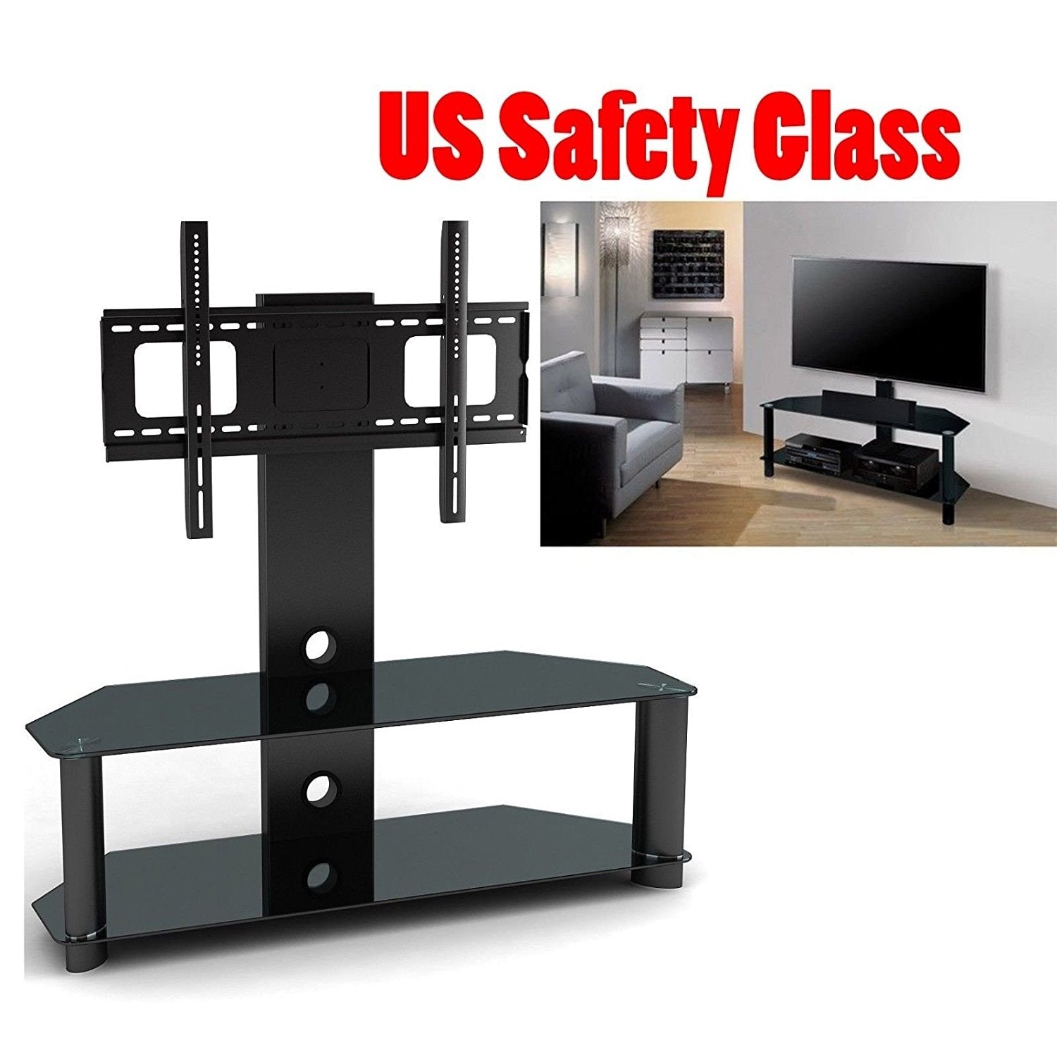 2Xhome New Tv Stand Modern Universal Integrated Heavy Duty Tv Monitor Stand Mount Featuring Tempered Glass Shelves