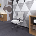 2Xhome Office Chairs Mid Back Ribbed Pu Leather White Conference Room Tilt Work Desk Manager Task Executive Lumber Support Boss