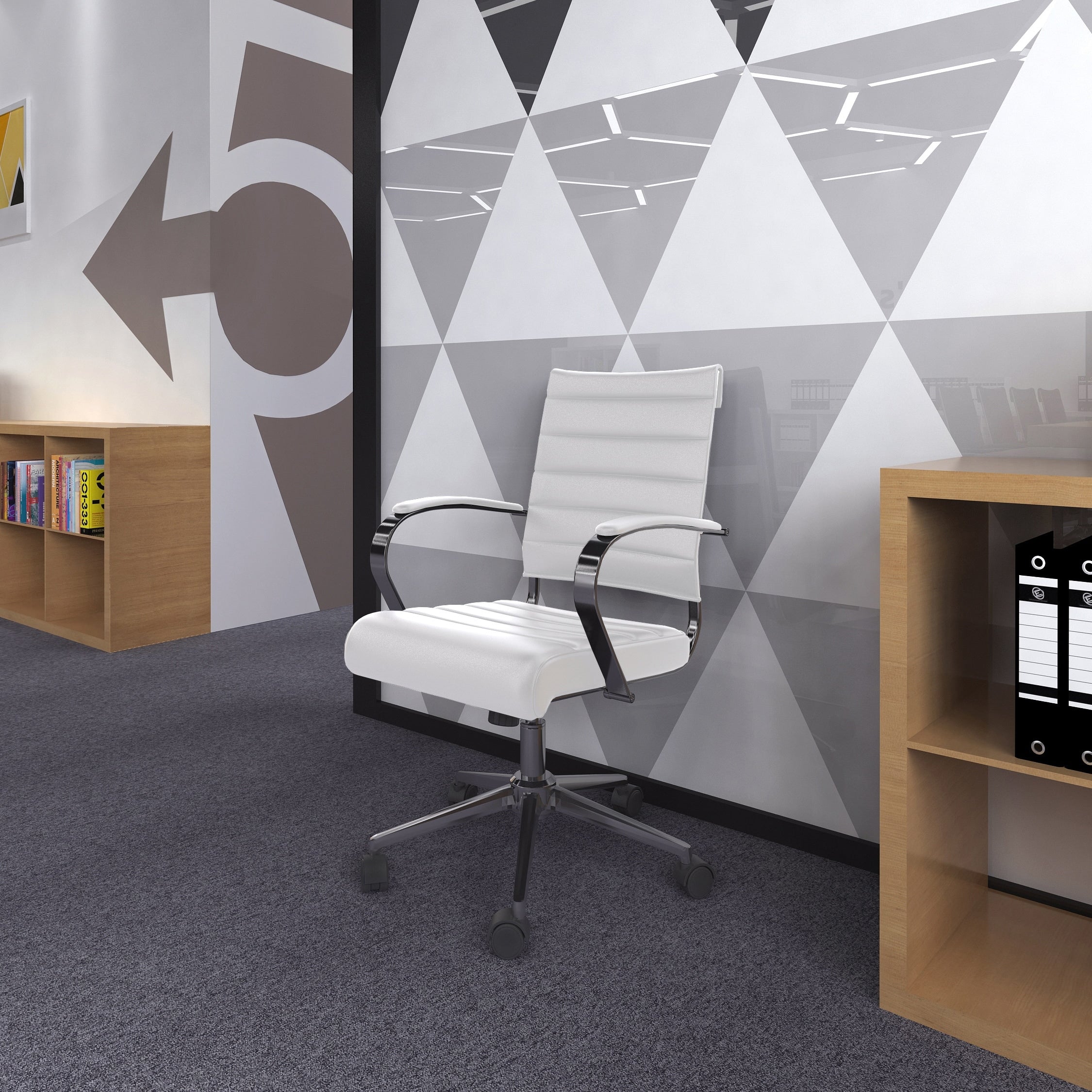2Xhome Office Chairs Mid Back Ribbed Pu Leather White Conference Room Tilt Work Desk Manager Task Executive Lumber Support Boss