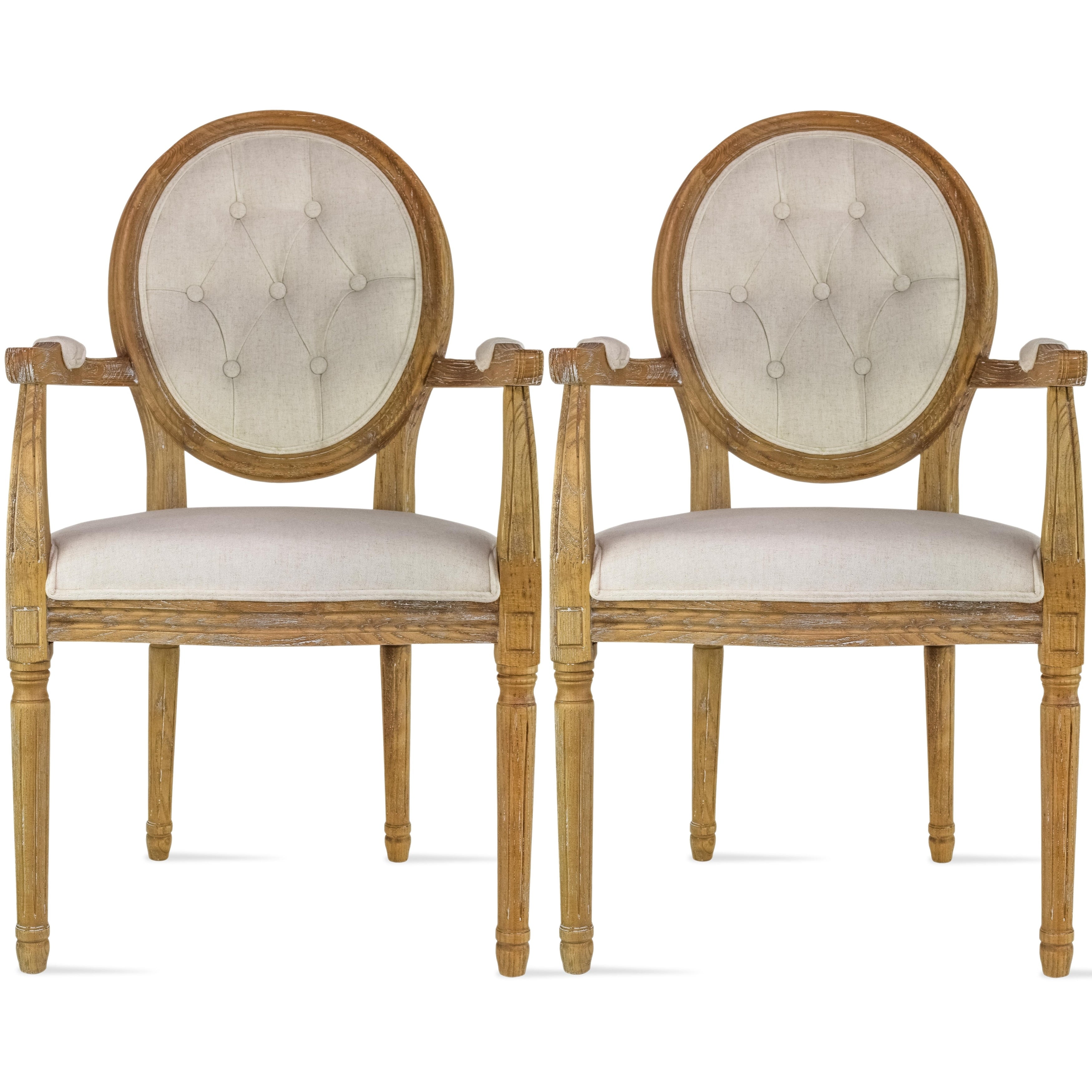 2Xhome Set Of 2 Cream Color Upholstered Button Tufted Back Fabric Dining Modern Arm Chair With Padded Seat Solid Wood Legs