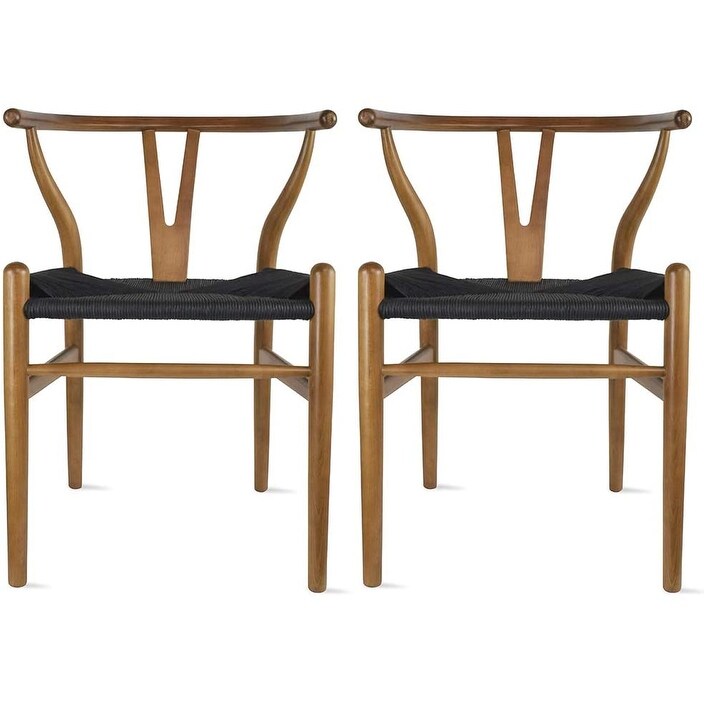 Set Of 2 Woven Wood Armchair With Arms Open Back Mid Century Modern Office Chair Dining Chairs Woven Black Seat